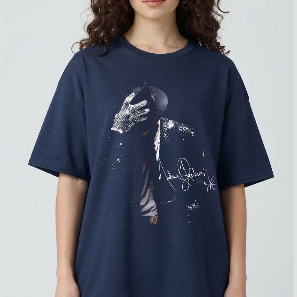 Michael Jackson Gliter Glove Signature Hat Vintage Navy T-Shirt